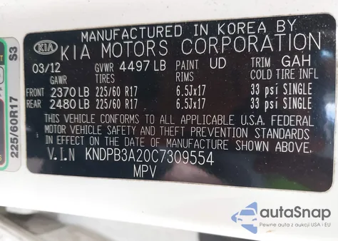 2012 Kia Sportage Lx z USA, uszkodzony, nr VIN KNDPB3A20C7309554